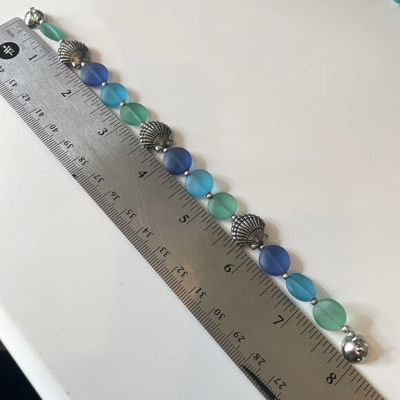 Blue Green Frosted Glass Seashell Stretch Bracelet Boho Beach Vacation Cute - Picture 6 of 6